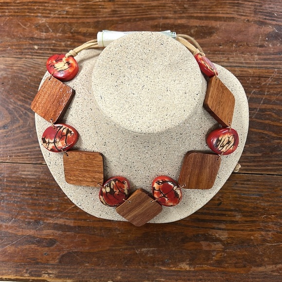 Tagua Red Bead and Diamond Wood Necklace - Picture 2 of 4